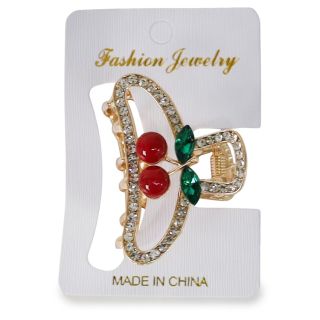 Pinza De Metal Chica Ovalada En Color Dorado Con Piedras Y Cereza Cherry 4.8 Cm | ZXQ04077