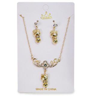 Collar Largo De Metal Dorado Cadena Delgada Con Dije Gatita Y Piedras Con Aretes 13 Cm | ZXQ03749