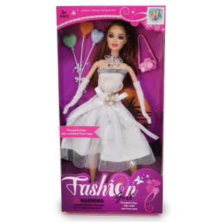 Muñeca Fashion Vestido Blanco Cabello Castaño Mechas Y Accesorios De colores 29 Cm | VR-TDB1200
