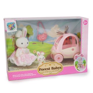 Conejito Fores Babys Blanco Terciopelo Con Vestido Carro Y Accesorios 22 Cm | VR-QBA1015