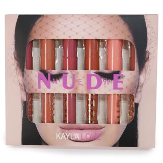 Lip Gloss En Estuche Con 6 Tonos Mate Base NUDE De Larga Duración Envases Línea Dorada 13 Cm | HCC-K230