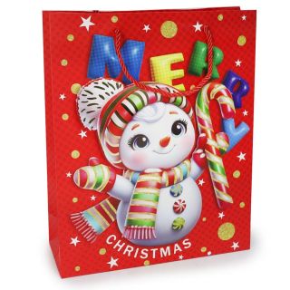 Bolsa Para Regalo Grande Estampada Muñecos Con Gorros Navideños 3D 32 x 26 Cm | 783M