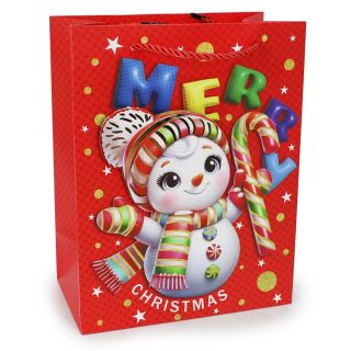 Bolsa Para Regalo Mediana Estampada Muñecos Con Gorros Navideños 3D 23 x 18 Cm | 783S