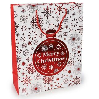 Bolsa Para Regalo Grande Estampada Copos Navideños Blancos Y Rojos Metalizada 32 x 26 Cm | 789M