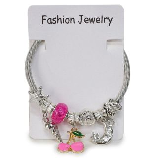 Pulsera De Metal Resorte Gruesa Con Dijes Plateados y Dije Cereza Cherry Colores 7 Cm | 25MK-H-20