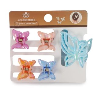Pinzas De Acrílico Medianas Y Chicas Colores Tornasol Figura De Moño Mariposa Y Almeja 8.5 Cm | XH7304