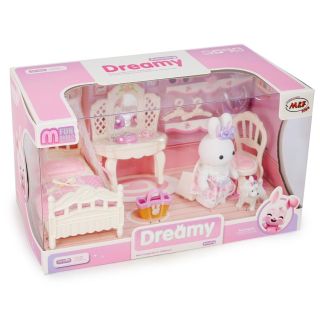 Conejito DREAMY Baby Blanco Terciopelo Con Vestido Recamara Y Accesorios 26 Cm | LO-092093