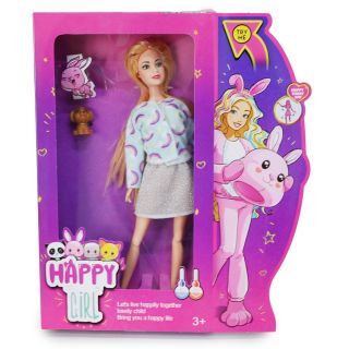 Muñeca Happy Girl Articulada Con Falda Y Suéter Conejo Peluche Arcoíris 29 Cm | QS1053