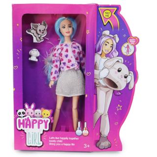Muñeca Happy Girl Articulada Con Falda Y Suéter Perro Peluche Corazones 29 Cm | QS1053