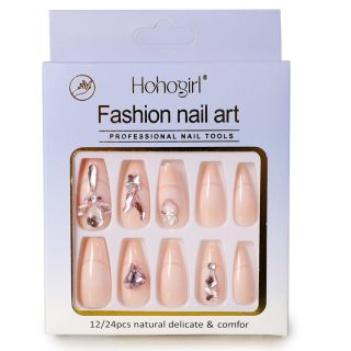 Uñas Postizas Largas En Punta Estampadas Con Piedras En Caja Bicolor Azul Blanca 11.5 Cm | KUN-3954