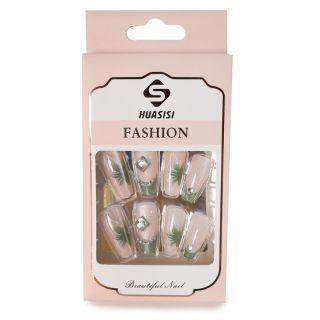 Uñas Postizas Largas Punta Recta Estampadas Con Glitter Y Piedras Caja Melón Blanco 11.7 Cm | HU-ZJ2029