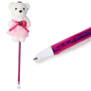 Pluma Escolar Con Forro Metalizado Y Osito Terciopelo Mediano Con Vestido Y Moño 27 Cm | XH5029