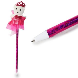 Pluma Escolar Con Forro Metalizado Y Osito Terciopelo Chico Vestido Corona 22 Cm | XH5036