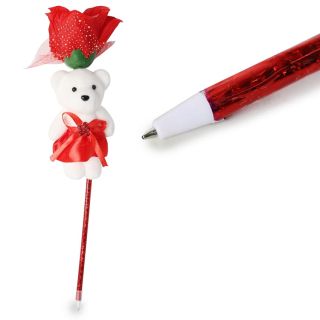 Pluma Escolar Con Forro Metalizado Y Osito Terciopelo Vestido Y Flor Roja 32 Cm | XH6136