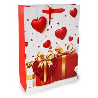 Bolsa Para Regalo Jumbo Blanca Estampada Corazones 3D Glitter 41 x 30 Cm | ZXQ03045