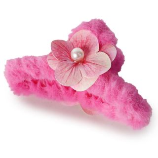 Pinza Grande De Plástico Transparente Rectangular Cubierta De Peluche Y Flor Con Perla 10.5 Cm | XQ-22-925