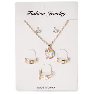 Collar De Metal Cadena Dorada Delgada Con Dije Estampado Anillos Y Aretes 13 Cm | G200-14E-3