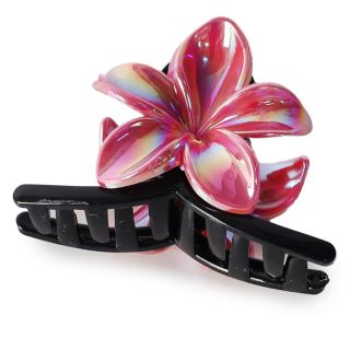 Pinza Mediana De Plástico Rectangular Negra Con Flor Hawaiana Metalizada Colores 8 Cm | TA-1539-15