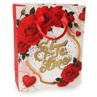 Bolsa Para Regalo Mediana Estampada Flores Te Amo 3D Con Glitter 24 x 18 Cm | VA-0473