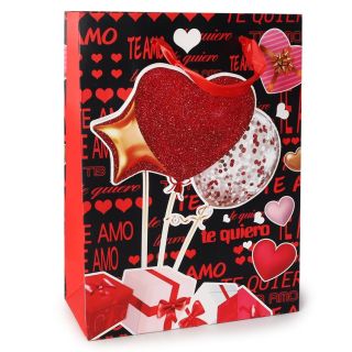 Bolsa Para Regalo Mediana Estampada Corazones 3D Cubiertos De Glitter 23 x 18 Cm | KUN-4486