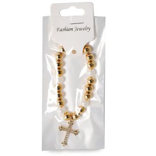 Pulsera Elástica Con Línea De Perlas Doradas Y Beige Dije Cruz Piedras 7 Cm | XQ-30-1346