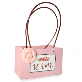 Bolsa Para Regalo Mediana Decorativa Te Amo En Color Coral Con Flor Rosa 22 x 34 Cm | LB-3277