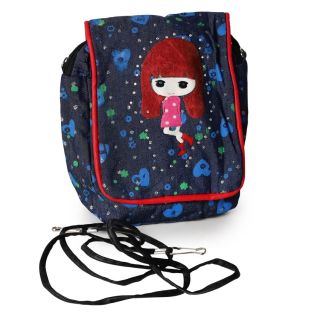 Bolso Para NIñas Mediano De Tela En Color Azul Bordada Muñecas Y Brillos 19 Cm | MAFU
