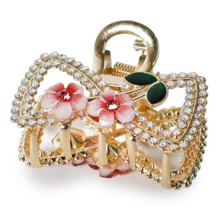 Pinza Chica De Metal En Color Dorado Figura Moño Cubierta De Piedras Y Flor 4 Cm | XQ-33-162