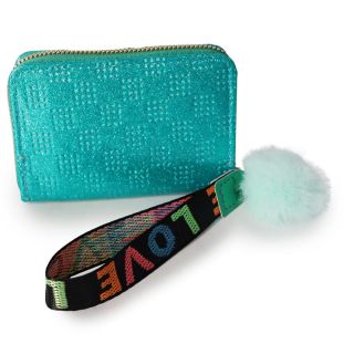 Cartera Monedero Rectangular De Vinil Cubierto Con Glitter Listón Y Pompón 13 Cm | MAFU