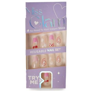 Uñas Postizas Miss Glam Largas En Punta Estampadas Cerezas Cherry Colores 14.5 | HZJ-515