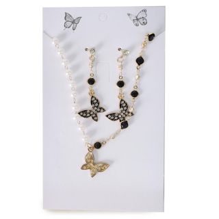 Collar Largdo De Metal Cadena Con Perlas Y Aretes Con Dijes Negros Figuras 16 Cm | XH7902