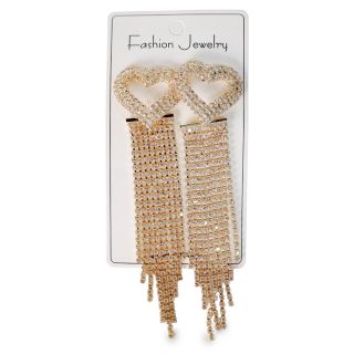 Aretes Largos De Acero En Color Dorado Figura Corazón Con Tiras De Piedras 11 Cm | XH7941