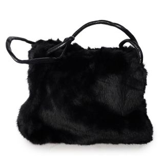 Bolso De Mano Mediano De Tela Cubierto De Peluche Negro Y Asas De Vinil Redondas 27 Cm | HLB-33