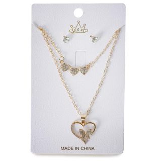Collar Doble Cadena Delgada De Metal En Color Dorado Con Dijes Y Par De Aretes 13 Cm | ZXQ04559
