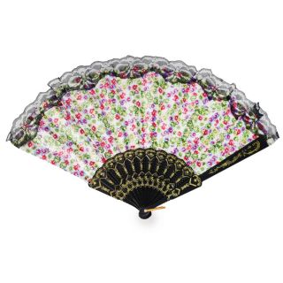 Abanico De Plástico En Color Negro Grabado Flor Tela Estampada Flores Y Encaje 43 Cm | ZXQ03718