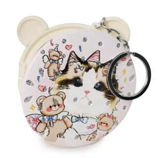 Llavero Grande Con Espejo Doble Con Orejitas Estampado Gatos Con Brillos Colores 8.2 Cm | XQ-38-373