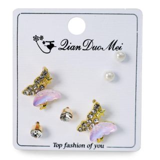 Aretes Chicos De Acero Dorado En Forma De Mariposa Con Piedras Y Perlas Tornasol 5 Cm | XQ-38-385