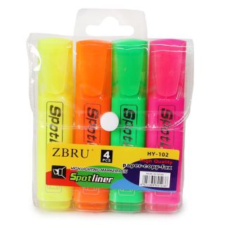 Marcatextos Escolares Medianos Planos Punta Cincel ZBRU 4 Colores Neón 11.5 Cm | HY-102
