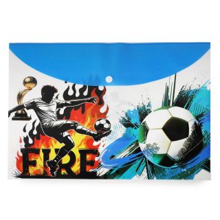 Folder Escolar Grande De Plástico En Color Azul Con Blanco Broche Estampado Futbol Fuego 35.5 x 25 Cm | JA-3470