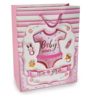 Bolsa Para Regalo Mediana Baby Shower Con Líneas Metalizadas Rosa Azul 23 x 18 Cm | JA-3252