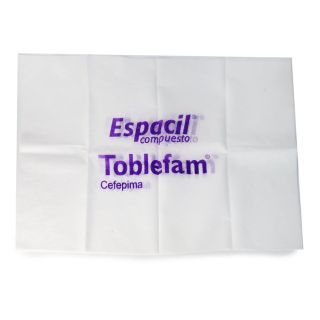 Mantel Grande De Pellón Quirúrgico En Color Blanco Letras Moradas De 90 x 57 Cm | Espa