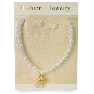Collar Corto Con Línea De Perlas Gruesas Con Dije De Acero Dorado Y Par Aretes Perla 16 Cm | XQ-41-457