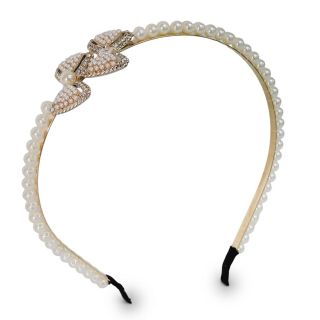 Diadema De Metal Plana En Color Dorado Con Línea De Perlas y Doble Moño Con Piedras 13 Cm | XQ-42-545