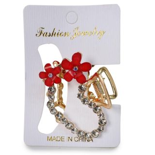 Pinza Chica De Metal En Forma De Corazón Dorado Perforado Con Pedrería Y Flor Acrílico 4.5 Cm | HM25S-1