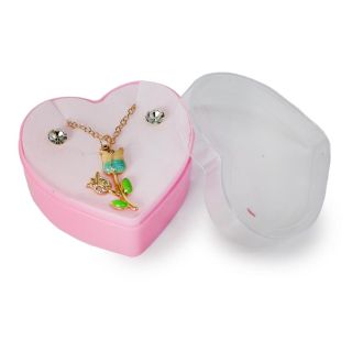 Collar Dorado Cadena Delgada Con Dije Tulipan Cubierto De Pedrería Y Aretes Estuche Corazón 5.5 Cm | ZXQ04741