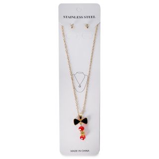 Collar Largo De Metal Cadena Dorada Con Dije Moño Piedras Colgantes Y Aretes Colores 21 Cm | ZXQ04419