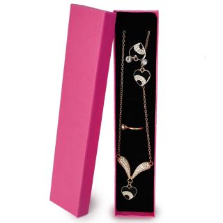 Collar Largo De Metal Cadena Dorada Con Dije Y Aretes Corazón Negro Pedrería Estuche Rosa 21 Cm | ZXQ03973