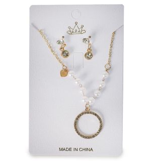 Collar Largo De Metal Cadena Dorada Y Perlas Con Dije Cubierto Pedrería Y Aretes 13 Cm | ZXQ04558