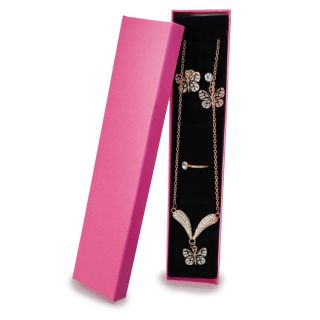 Collar Largo De Metal Cadena Dorada Con Dije Y Aretes Mariposa Negra Pedrería Estuche Rosa 21 Cm | ZXQ03973