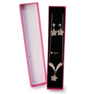 Collar Largo De Metal Cadena Dorada Con Dije Y Aretes Flor Negra Pedrería Estuche Rosa 21 Cm | ZXQ03973